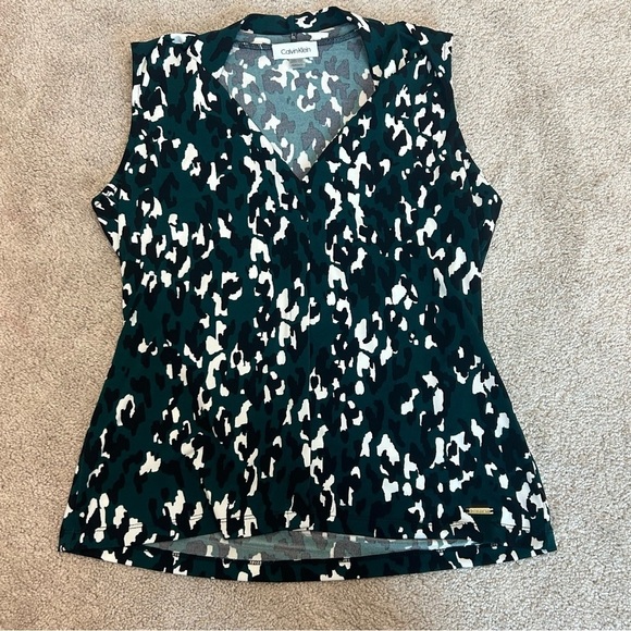 Calvin Klein emerald green black white Sleeveless Leopard-Print Blouse Sz XS - Picture 5 of 12